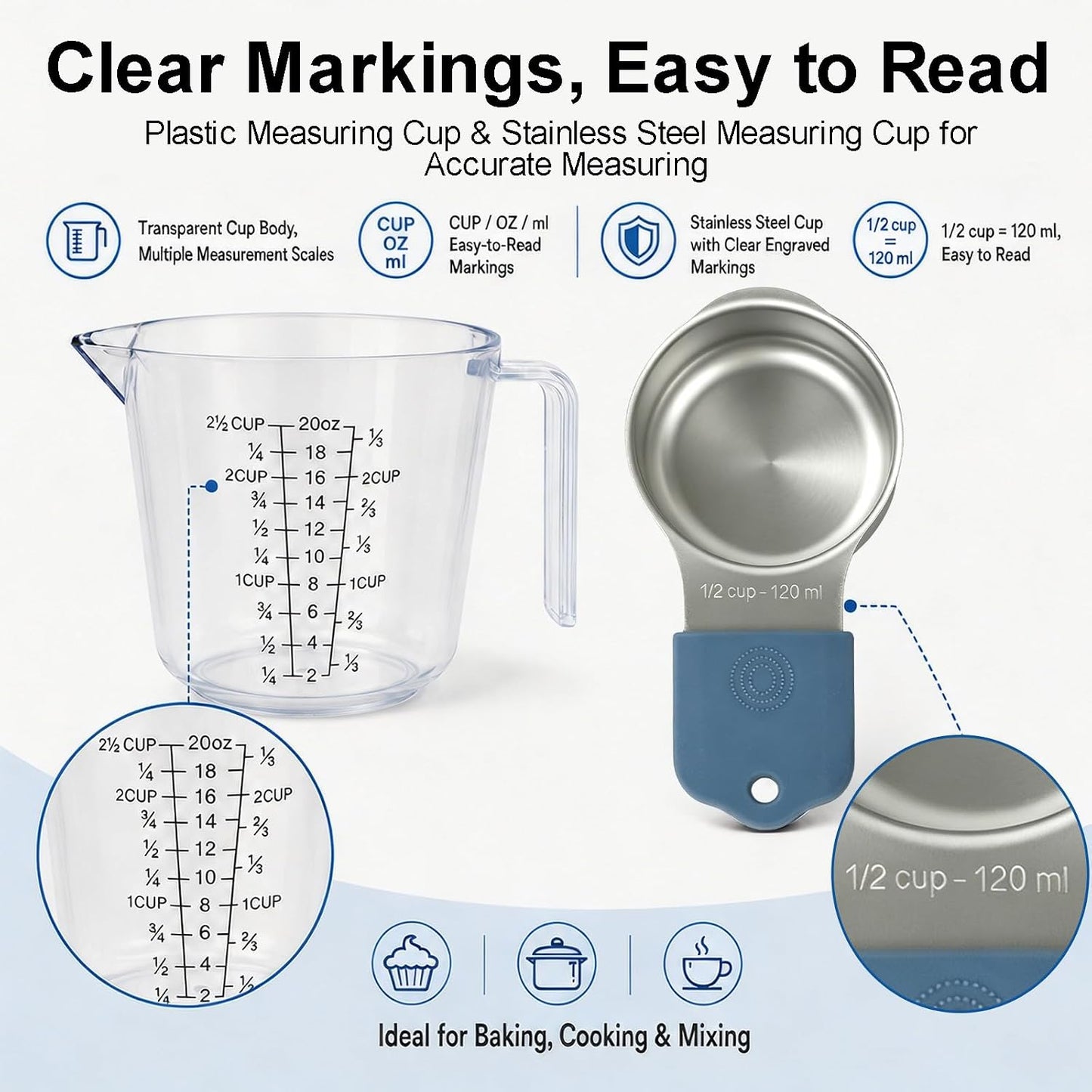 Stainless Steel Measuring Cups and Spoons Set, 7 Magnetic Measuring Cups, 5 Metal Measuring Teaspoons, 3 Plastic Measuring Cups for Kitchen Cooking & Baking, Dry & Liquid Ingredients