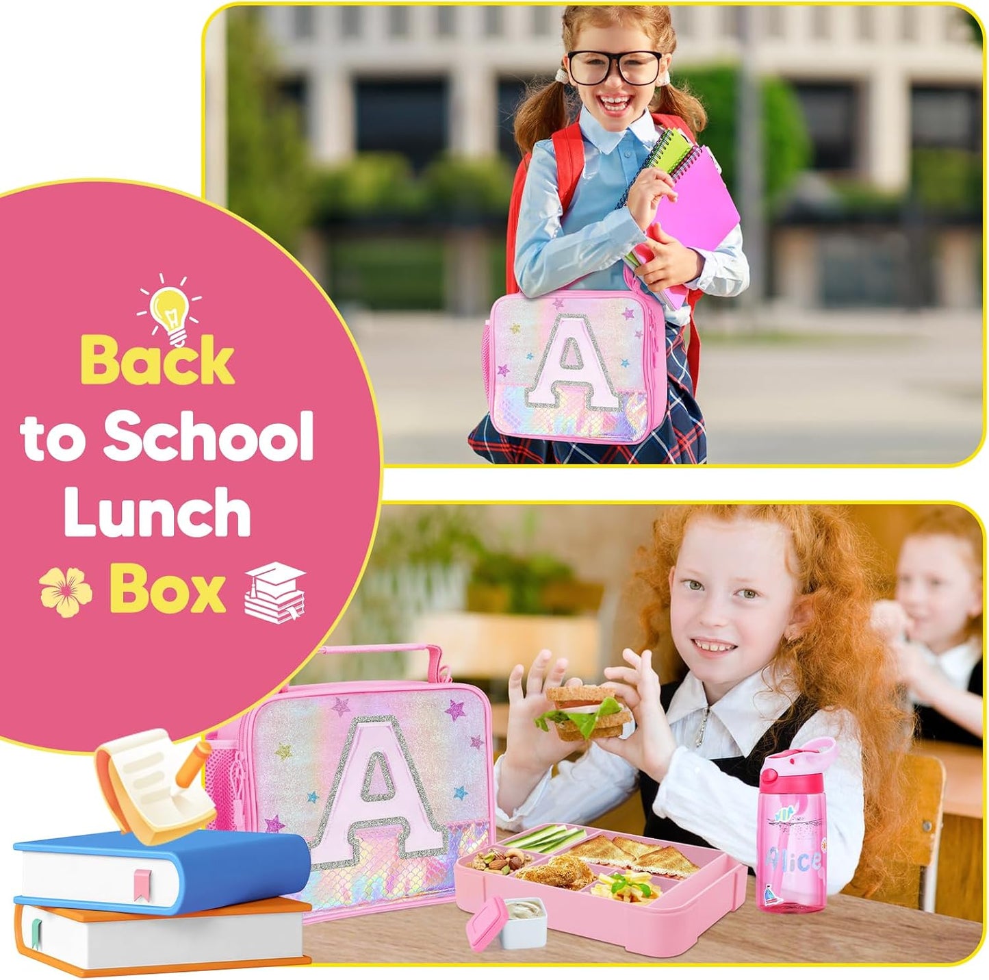 JYPS Lunch Box for Girls-Insulated Lunch Bag,Kids Bento Box with 6 Compartment,Water Bottle,Ice Pack,Salad Container,Perfect Lunch Container for Kids and Toddlers Back to School Age 7-15(Purple M)