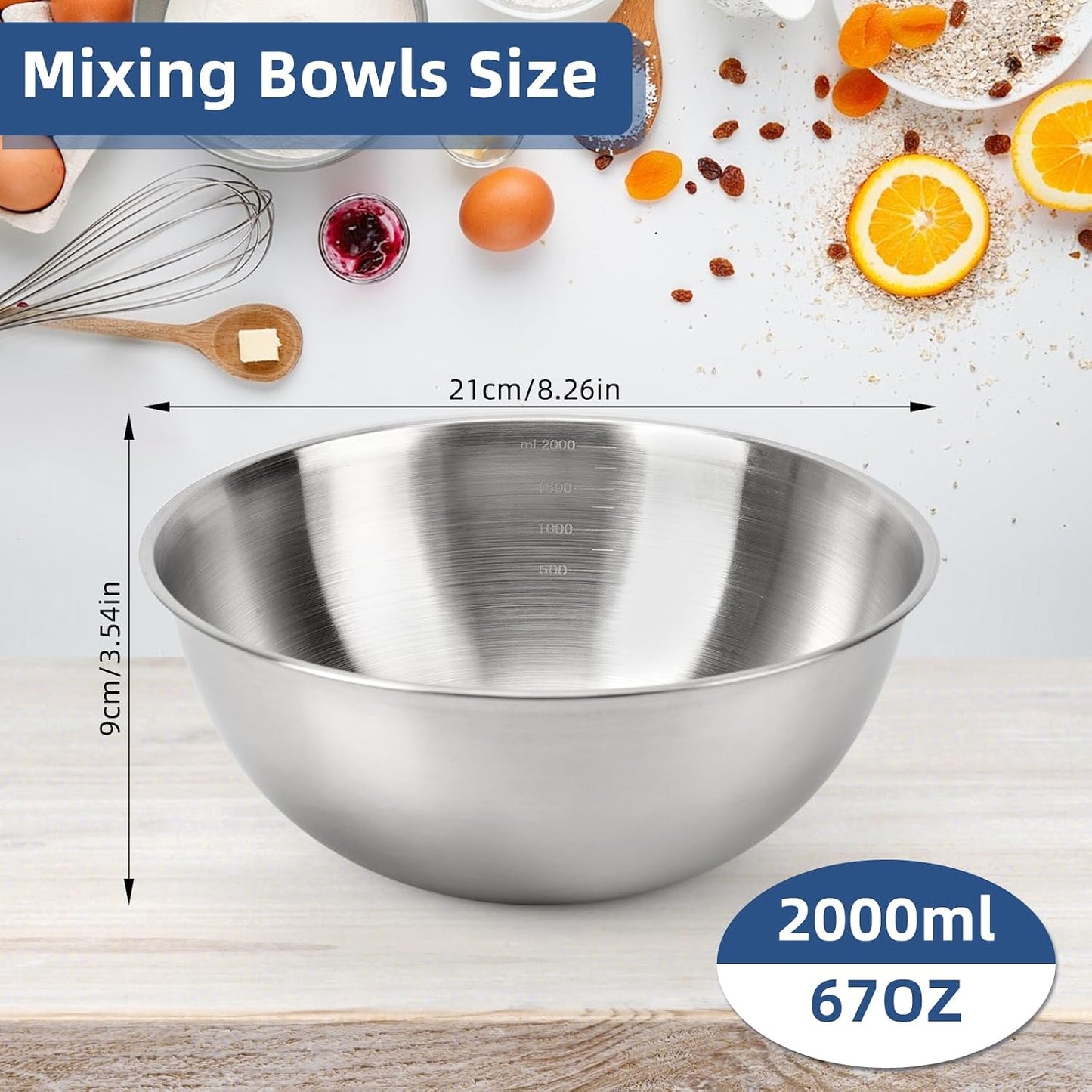 3-Piece Stainless Steel Mixing Bowls (7.1") Metal Bowl Set with Measurement Marks, Dishwasher Safe & Stackable - Perfect for Baking, Salad Making, Meal Prep and Kitchen Use