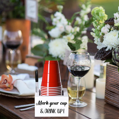 Wooden Cup Holder with Marker Slot, Disposable Plastic Party Cup Organizer for Holiday Gatherings - Hosting Essential to Mark Your Cup & Drink Up, Prevent Mix-Ups, Reduce Waste