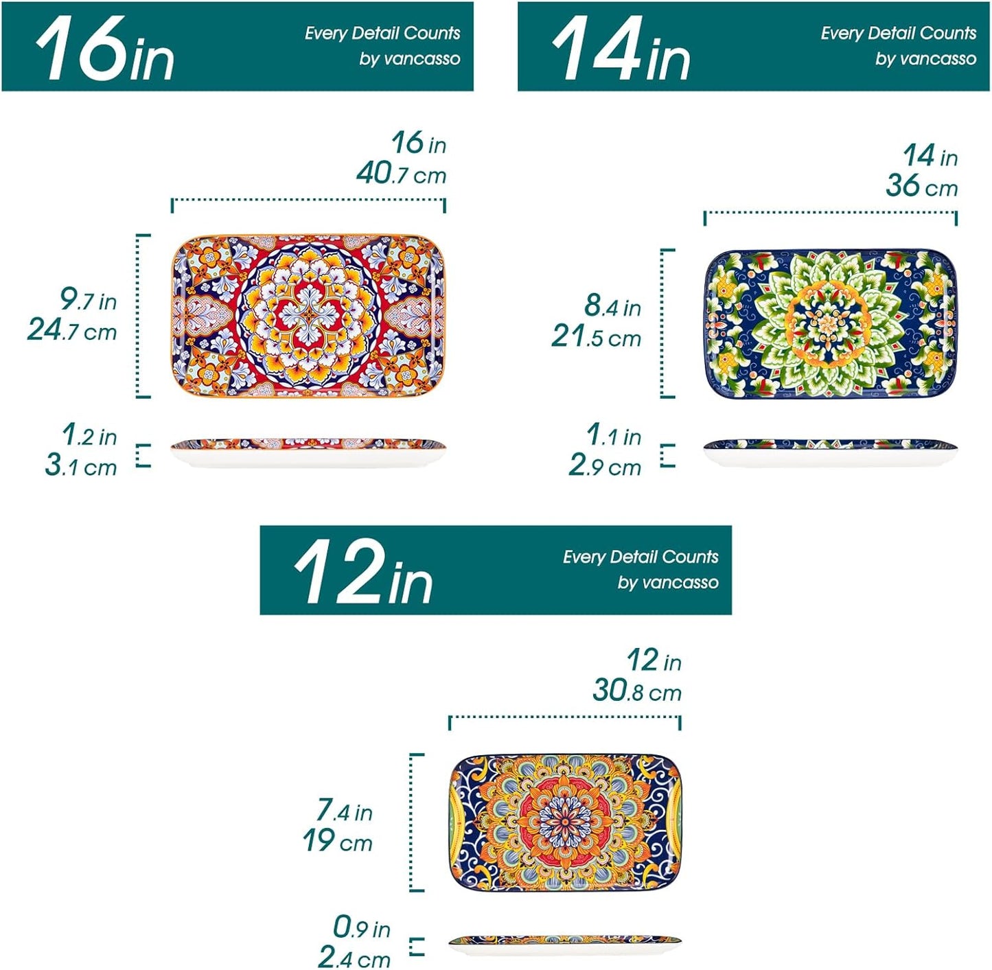 vancasso Serving Platters Set of 3, 16"/14"/12" Inch Rectangular Trays - Serving Platter Extra Large, Ceramic Bohemian Serving Dish for Entertaining Food, Microwave & Dishwasher Safe, Colorful