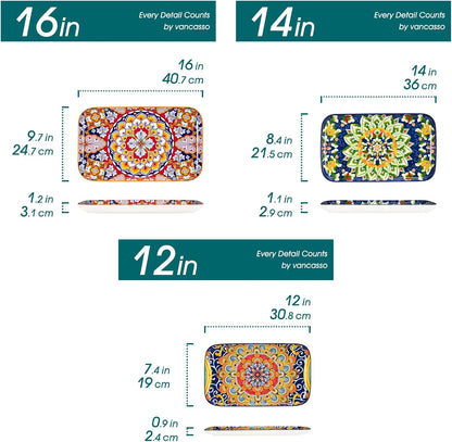 vancasso Serving Platters Set of 3, 16"/14"/12" Inch Rectangular Trays - Serving Platter Extra Large, Ceramic Bohemian Serving Dish for Entertaining Food, Microwave & Dishwasher Safe, Colorful