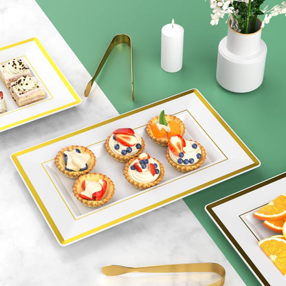 6 Sets Plastic Serving Trays with Serving Tongs, White & Gold Rim Disposable Plastic Serving Platters for Food Fruit Dessert Tea Party Wedding