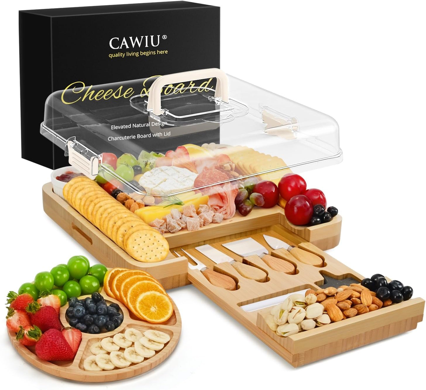 Premium Charcuterie Board with Lid – Bamboo Cheese Board Set with Utensils, Drawer & Fruit Tray – House Warming Gifts New Home, Wedding, Birthday, Bridal Shower (Black)