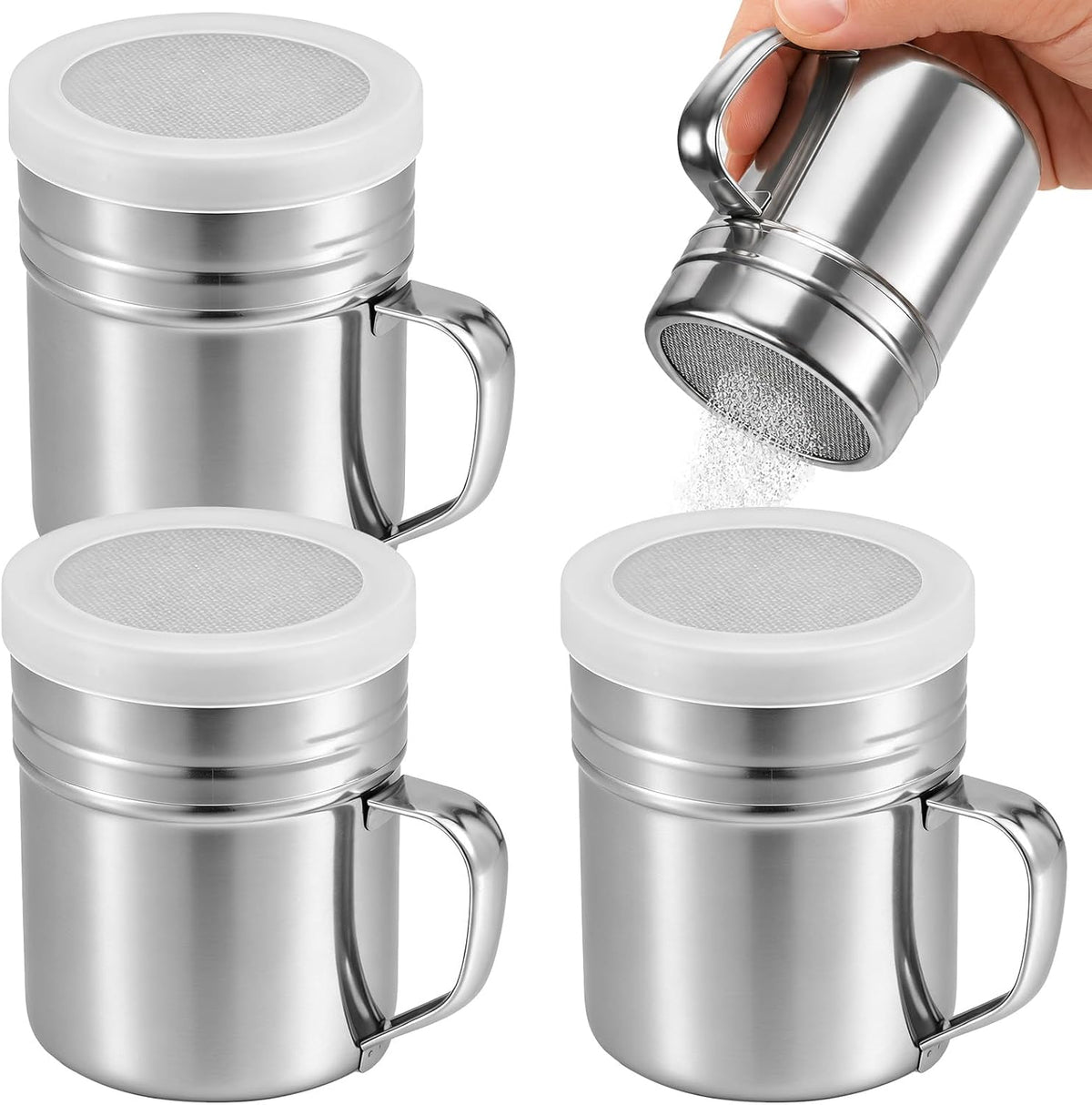 4 Pack Stainless Steel Salt and Pepper Shakers, 10 oz Dredge Shakers with Lid and Handle, Spice Seasoning Condiment Dispenser for Salt Powder Sugar Flour, Fits Cooking Kitchen Baking