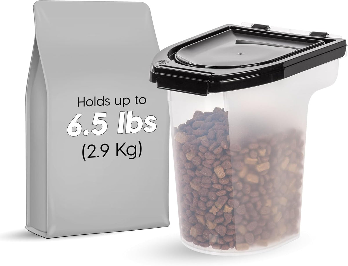 IRIS USA WeatherPro Airtight Pet Food Storage Container, Up to 6.5 lbs, Treat Box for Dog Cat and Bird Food, Keep Fresh, Translucent Body, Easy Clean Up, BPA free, Clear/Black