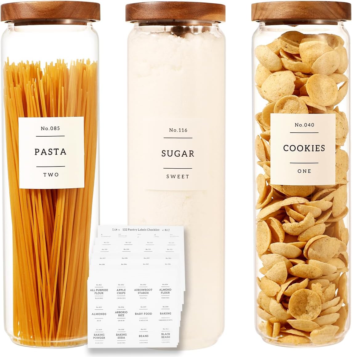 2 Pack Large Glass Flour and Sugar Storage Containers with Airtight Acacia Wood Lids and 132 Kitchen Pantey Labels Preprint - 1 Gallon Borosilicate Glass Canister Sets for Food,Pasta,Cookie,Rice
