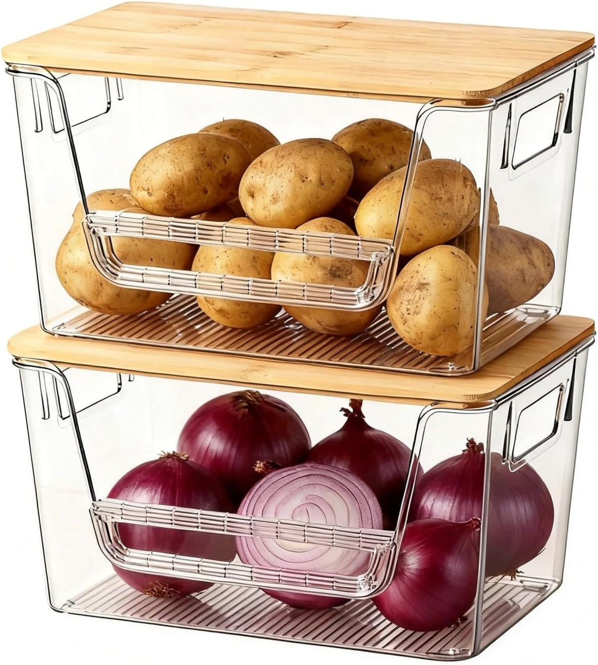 FUSHITON 2 Set Pantry Organizers with Bamboo Lids, Clear Storage Bins with Handles, U-Shaped Front Opening with Removable Stopper for Trash Bag Dispenser, Potato Onion Garlic Storage