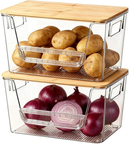 FUSHITON 2 Set Pantry Organizers with Bamboo Lids, Clear Storage Bins with Handles, U-Shaped Front Opening with Removable Stopper for Trash Bag Dispenser, Potato Onion Garlic Storage