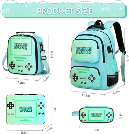 ACESAK Game luminous Boys Backpack - Bento Box with Insulated Lunch Bag Pencil Case, Utensils Set for Kids, 6 Leakproof Compartments Removable Tray Lunches or Snack Container (Blue)