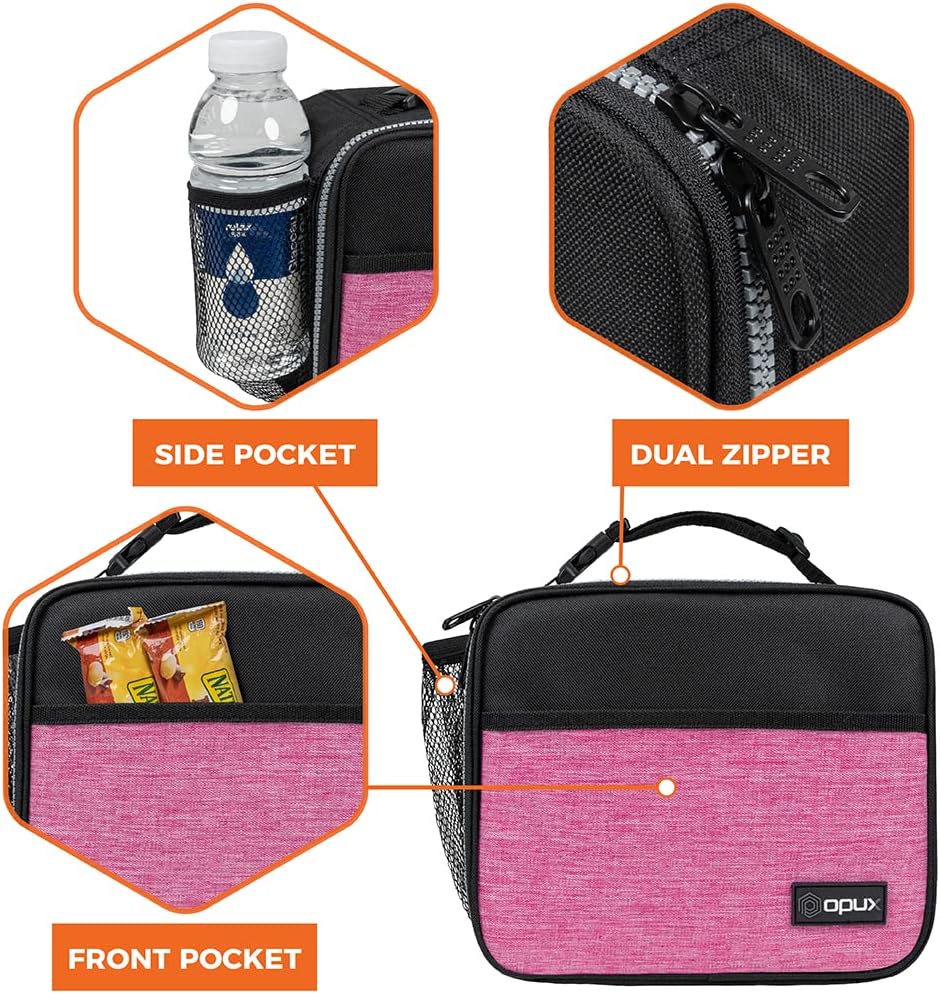 opux Insulated Lunch Bag Kids, Lunch Box for School Boy Girl, Leakproof Small Reusable Compact Soft Mini Cooler Bag, Toddler Small Lunch Boxes Kit Pail with Front Side Pockets (Purple)