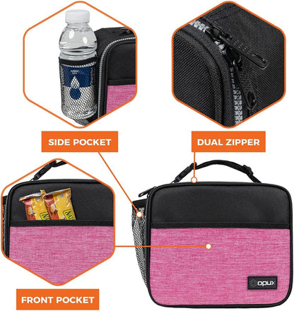 opux Insulated Lunch Bag Kids, Lunch Box for School Boy Girl, Leakproof Small Reusable Compact Soft Mini Cooler Bag, Toddler Small Lunch Boxes Kit Pail with Front Side Pockets (Purple)