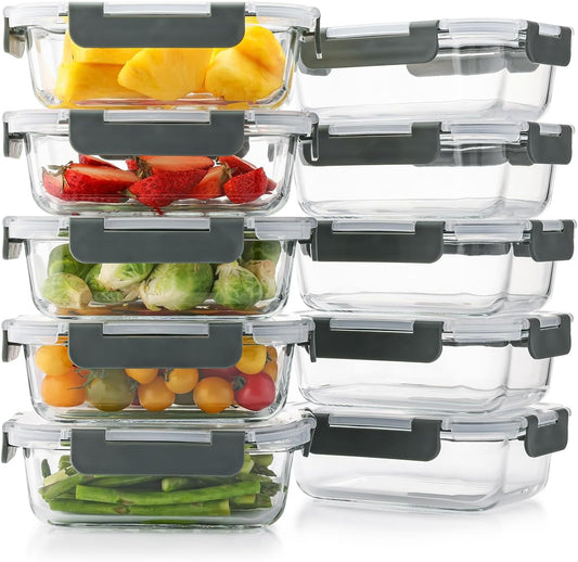 Cuiselect 10 Pack 22 Oz Glass Meal Prep Containers with Lids, Reusable Glass Food Storage Containers with Lids, Microwave, Oven, Freezer and Dishwasher Safe (Gray)