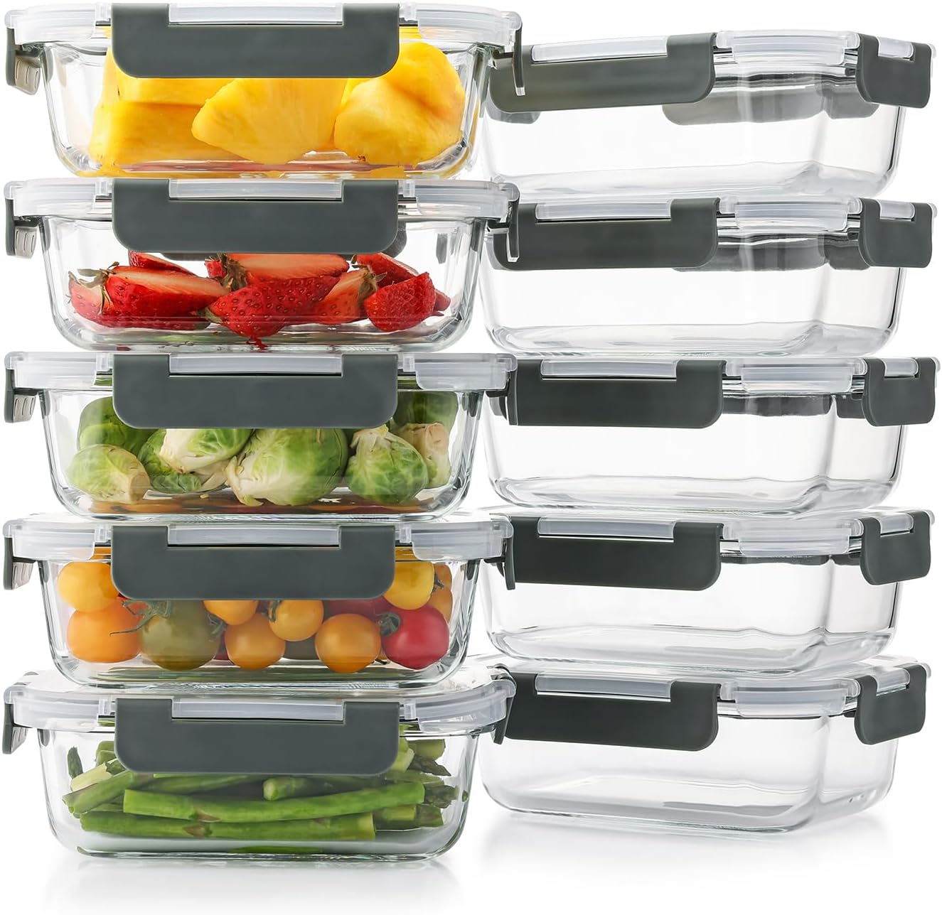 5 Pack 36 Oz Glass Meal Prep Containers with Lids, Reusable Glass Food Storage Airtight Lunch Containers with Lids, Leak Proof, Microwave, Oven, Freezer and Dishwasher Safe (Gray)