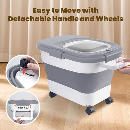 HOYTAMDA 28-40Lbs Rice Container,Collapsible Airtight Food Storage Containers with Wheels,Handle,Rice Storage Container with Small Bin and Scoop,Rice Dispenser for Flour Sugar Cereal Grain Dog Cat