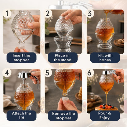 [2 PACK] Glass Honey Dispenser with Stainless Steel Top | Bee-Themed Jar
