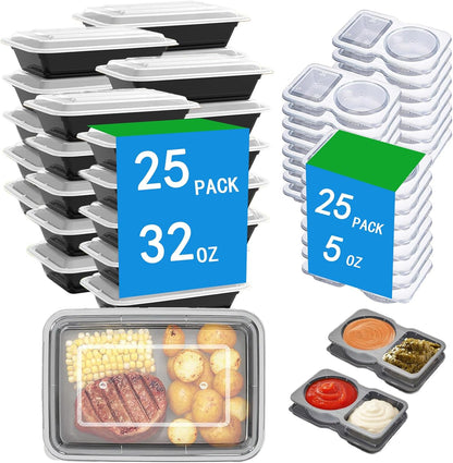 50 Pack 32oz leakproof Meal Prep Containers & Compartment Condiment Containers (Snack Containers) Set, Sturdy Leakproof Food Safe, Reusable Microwave/Freezer/Dishwasher Safe Set For Travel, Takeaway
