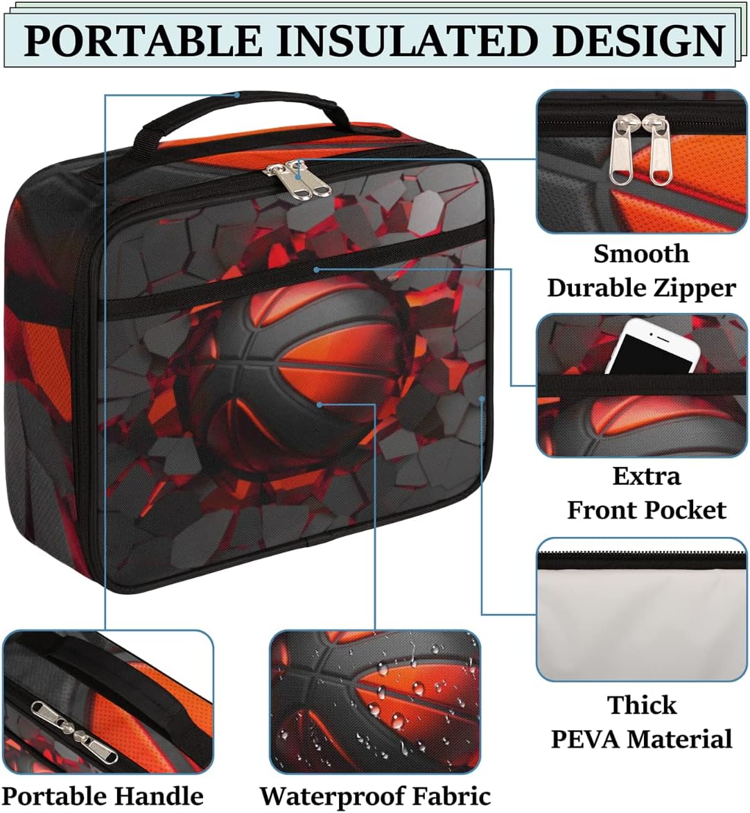 Kids Lunch Box for Boys Girls Black Red Sport Basketball Insulated Lunch Bag Reusable Small Cooler Bag Meal Containers Tote Kit for School Travel Women Men