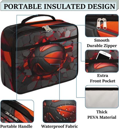 Kids Lunch Box for Boys Girls Black Red Sport Basketball Insulated Lunch Bag Reusable Small Cooler Bag Meal Containers Tote Kit for School Travel Women Men