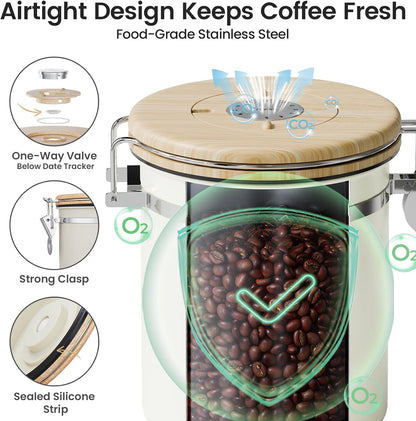 Veken Coffee Canister with Window, Family Choice Awards Winner, Airtight Stainless Steel Home Kitchen Food Storage Container with Lids for Grounds, Beans, Tea, Flour,Cereal,Sugar Jars,Scoop,16OZ,Black