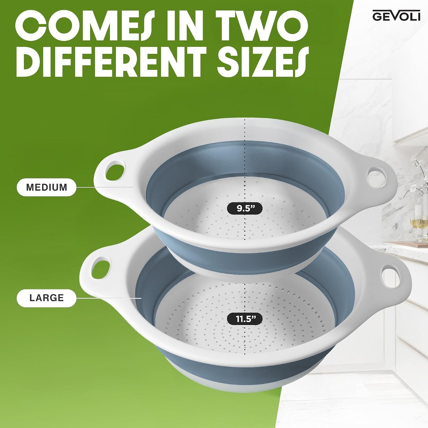 Collapsible Colanders (2 Pack Set) Food Strainers with Over-Sink Water Draining Base for Pasta Fruits and Vegetables (4 and 5 Quart) - White Beige