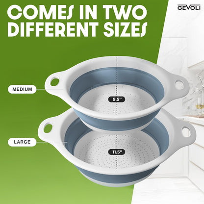 Collapsible Colanders (2 Pack Set) Food Strainers with Over-Sink Water Draining Base for Pasta Fruits and Vegetables (4 and 5 Quart) - White Beige
