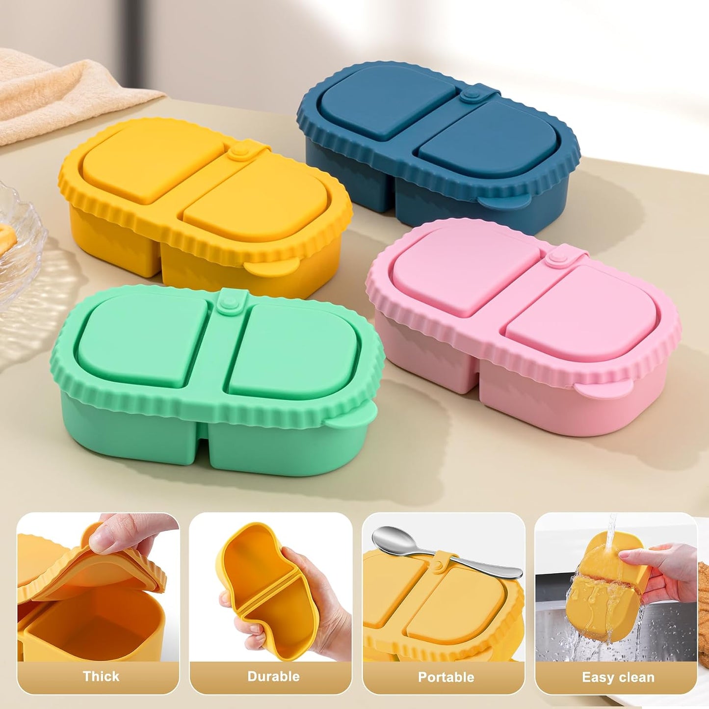 Silicone Reusable Snack Containers with Lids, 4 Pack 3 Compartment Bento Snack Boxes, Leakproof Food Storage Containers for Meal Prep, Lunch, Fruits, Kids & Adults, Dishwasher Safe