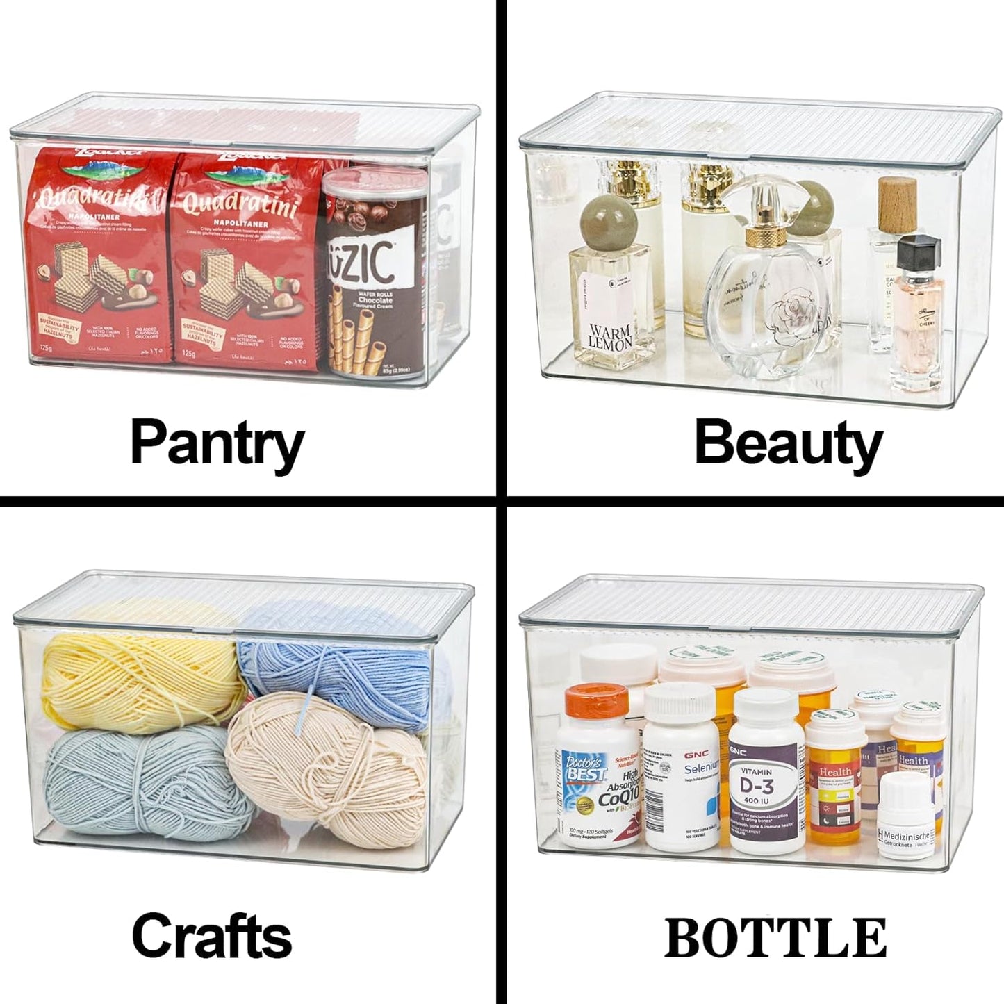 ZEXALOR Clear Plastic Storage Bin with Lid, Makeuo Holder, Fridge Organizer, Refrigerator Organizers and Storage, Small Container for Pantry, Office, Dresser, Bathroom, Kitchen, Snack