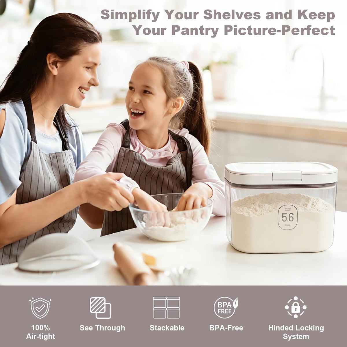 Airtight Rice Container with Measuring Cup, BPA-Free Clear PET Plastic Food Storage Container Pantry Organizers and Storage Sugar Cookies Flour Rice Container (5.6 L / 5.92 QT)