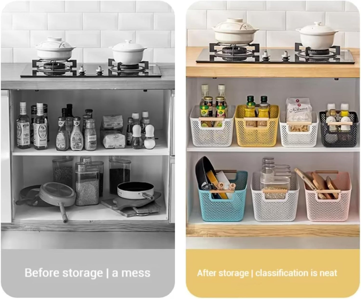 AJIODA Metal Mesh Steel Basket, Large Wire Storage Organizer Basket Multi-function Hanging Kitchen Baskets with Wood Handle for Kitchen Bathroom Picnic Home, Rectangle-Off White