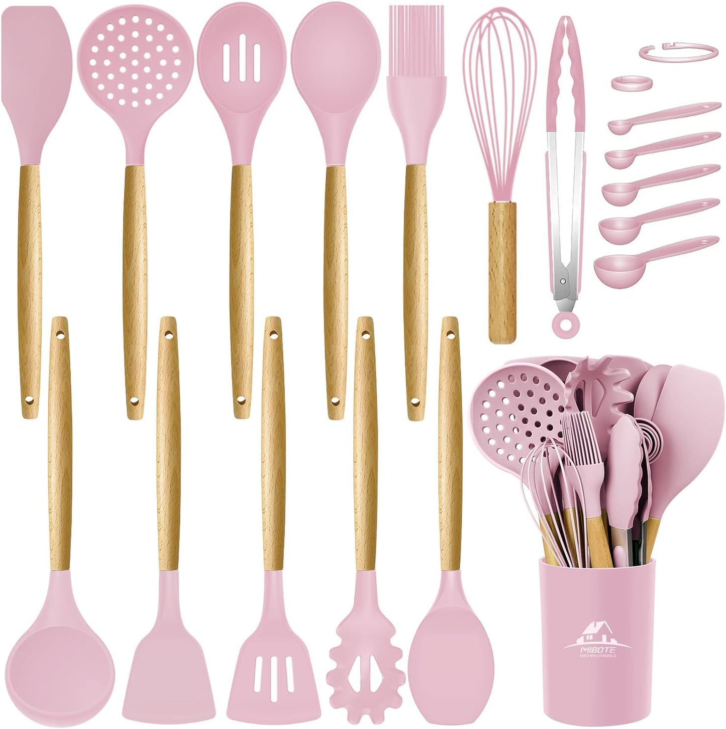 MIBOTE 17 Pcs Silicone Cooking Kitchen Utensils Set with Holder, Wooden Handles Silicone Turner Tongs Spatula Spoon Kitchen Gadgets Utensil Set for Nonstick Cookware (Grey)