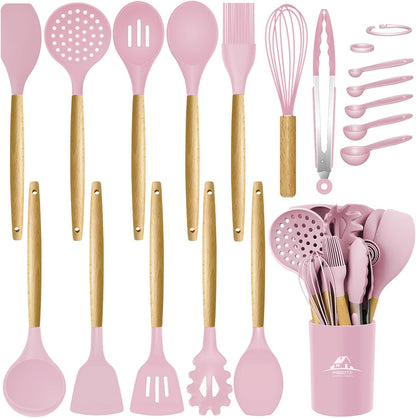 MIBOTE 17 Pcs Silicone Cooking Kitchen Utensils Set with Holder, Wooden Handles Silicone Turner Tongs Spatula Spoon Kitchen Gadgets Utensil Set for Nonstick Cookware (Grey)