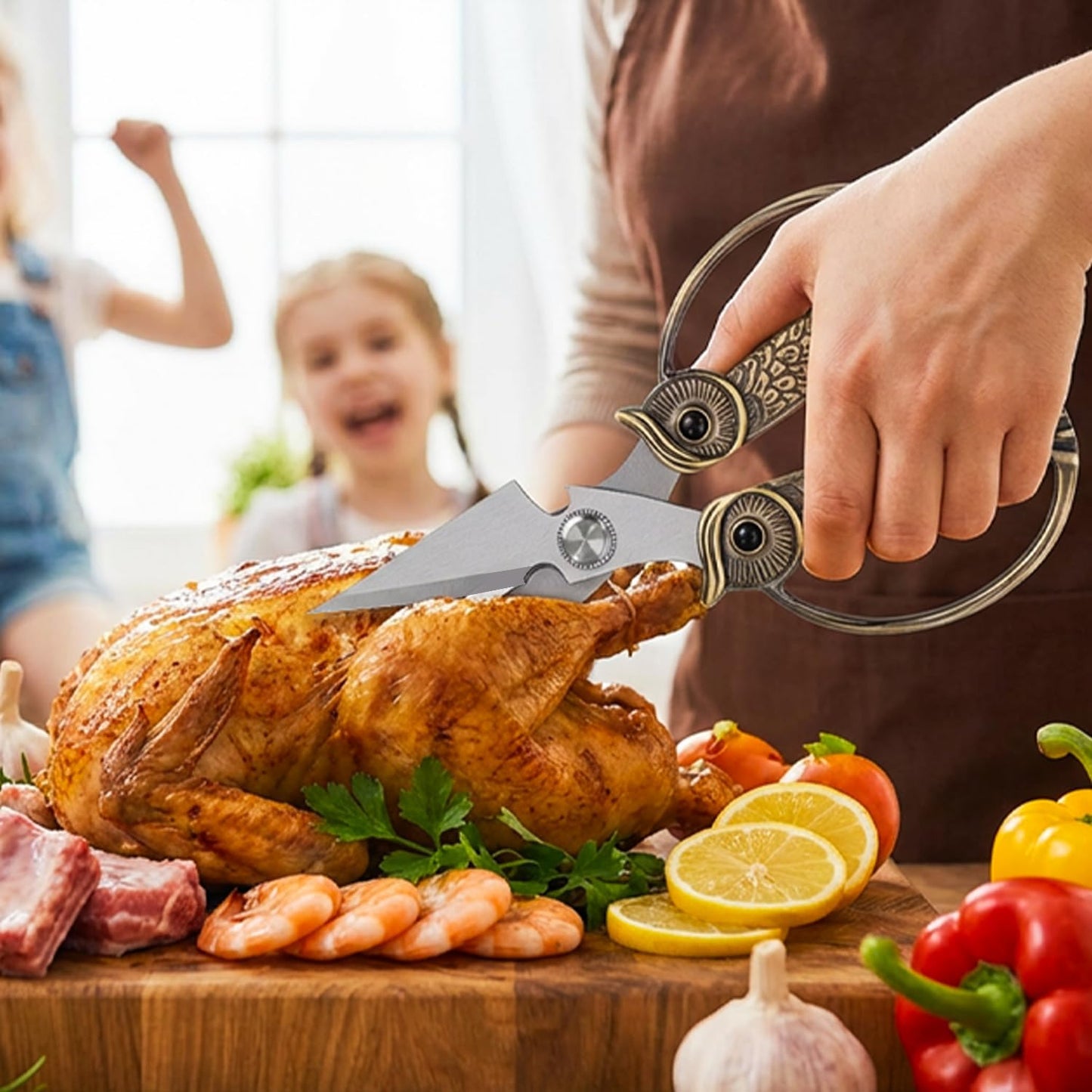Kitchen Owl Scissors - Stainless Steel Kitchen Scissors, Sharp Meat Scissors, Dishwasher Safe, Heavy-duty Poultry Scissors, Food Cooking Scissors, Gift for Men and Women (Pearl nickel, large)