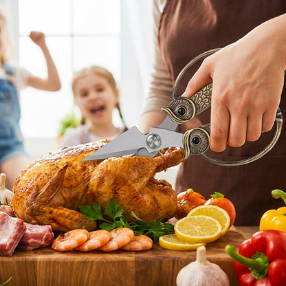 Kitchen Owl Scissors - Stainless Steel Kitchen Scissors, Sharp Meat Scissors, Dishwasher Safe, Heavy-duty Poultry Scissors, Food Cooking Scissors, Gift for Men and Women (Pearl nickel, large)