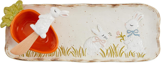 Mud Pie Bunny Dip And Tray Set; tray 4 3/4" x 12 1/4" | cup 4" x 2 1/4" | spreader 5 1/2"