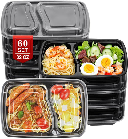 NEEBAKE 60 Sets 32oz Meal Prep Containers 2 Compartment - Plastic Food Storage Containers 2 Compartments with Lids