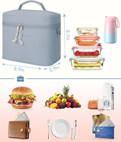 HowFly Lunch Bag Women Lunch Box for Women Cute Corduroy Insulated Lunch Bag Adult Large Cooler Lunch Tote Bags for Work Picnic Beach, Blue