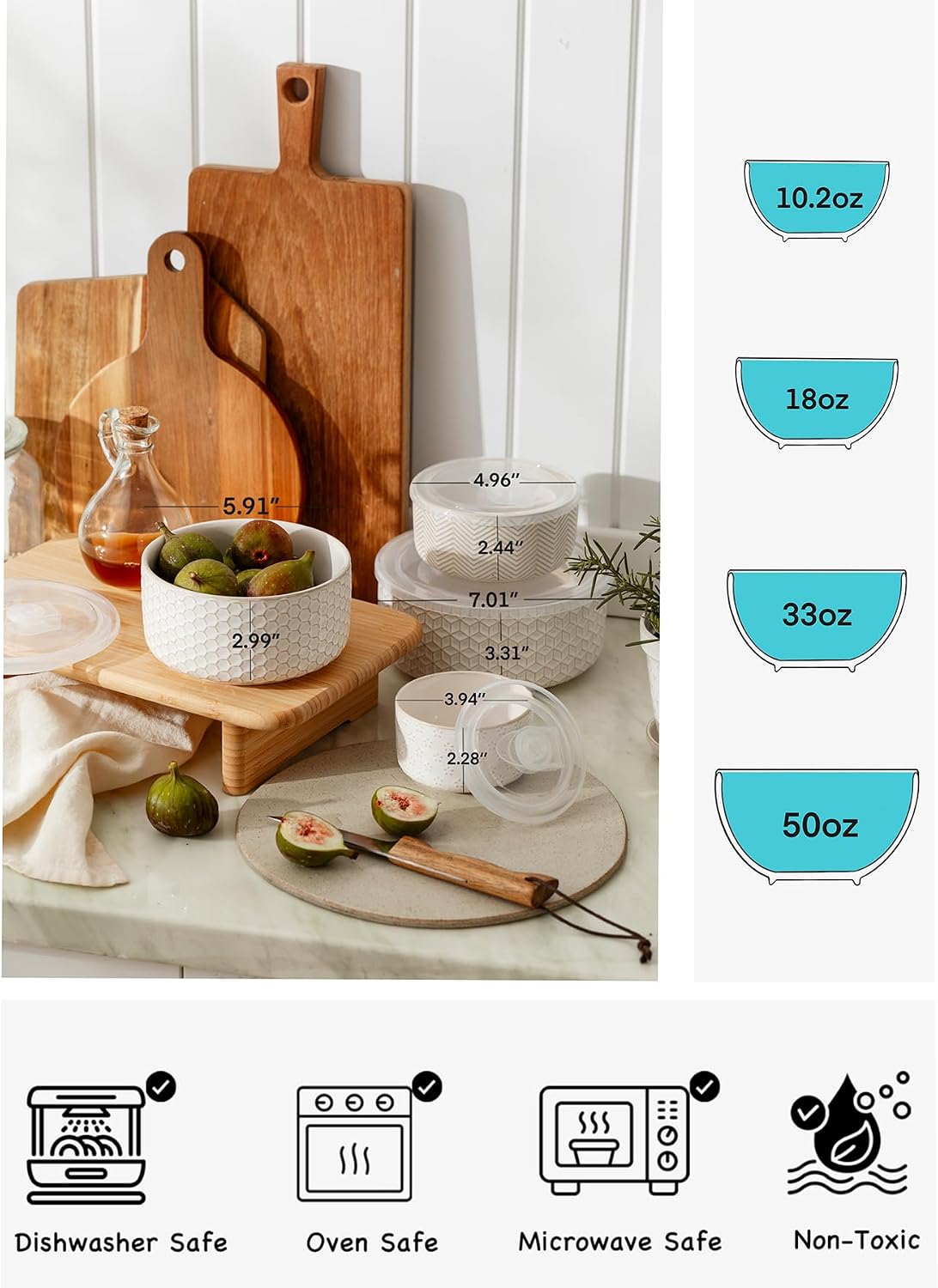 Mixing Bowls with Lids Set of 4, Ceramic Nesting Bowls, Embossed Mixing Bowl Set for Food Storage, Prep Bowl, Gift, Microwave and Dishwasher Safe, 10/18/33/50 OZ, Off-White