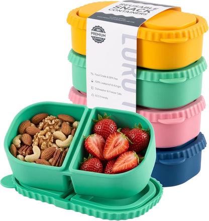 Silicone Reusable Snack Containers with Lids, 4 Pack 3 Compartment Bento Snack Boxes, Leakproof Food Storage Containers for Meal Prep, Lunch, Fruits, Kids & Adults, Dishwasher Safe
