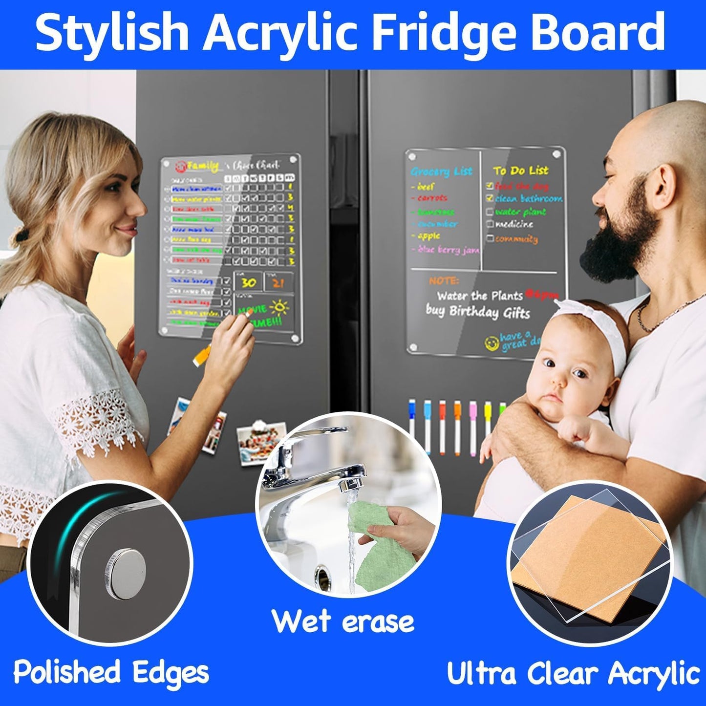 PigPotParty Acrylic Magnetic Chore Chart for Adults, 12x9.5 Inch Clear Dry Erase Chore Board for Fridge, Daily Weekly and Notes Sections, Pre-Installed Embedded Magnets, 8 Fine-tip Markers and Towel