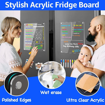 PigPotParty Acrylic Magnetic Chore Chart for Adults, 12x9.5 Inch Clear Dry Erase Chore Board for Fridge, Daily Weekly and Notes Sections, Pre-Installed Embedded Magnets, 8 Fine-tip Markers and Towel