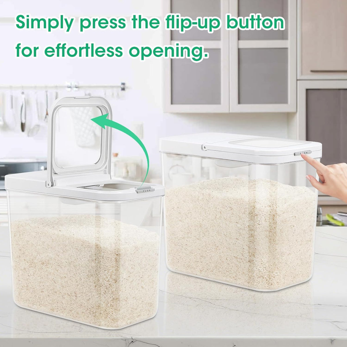 TBMax Large Airtight Food Container 5.28 Qt with Pop Up Lid & Measuring Cup, Ideal for 10 Lbs of Rice or 7 Lbs of Flour, Square Short Food Storage Bin for Kitchen Pantry and Drawer Organization