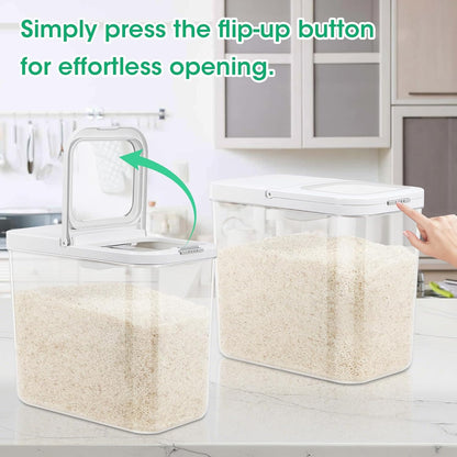 TBMax Large Airtight Food Container 5.28 Qt with Pop Up Lid & Measuring Cup, Ideal for 10 Lbs of Rice or 7 Lbs of Flour, Square Short Food Storage Bin for Kitchen Pantry and Drawer Organization