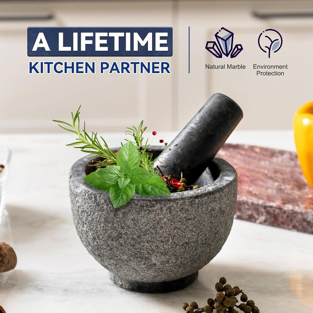 Koville Luxury Marble Mortar and Pestle Set, 7"-4cups Grinder Bowl for Guacamole, Salsa, Pill Crusher, Spice, Herb, Garlic, Nut, Heavy Duty Grinder for Kitchen