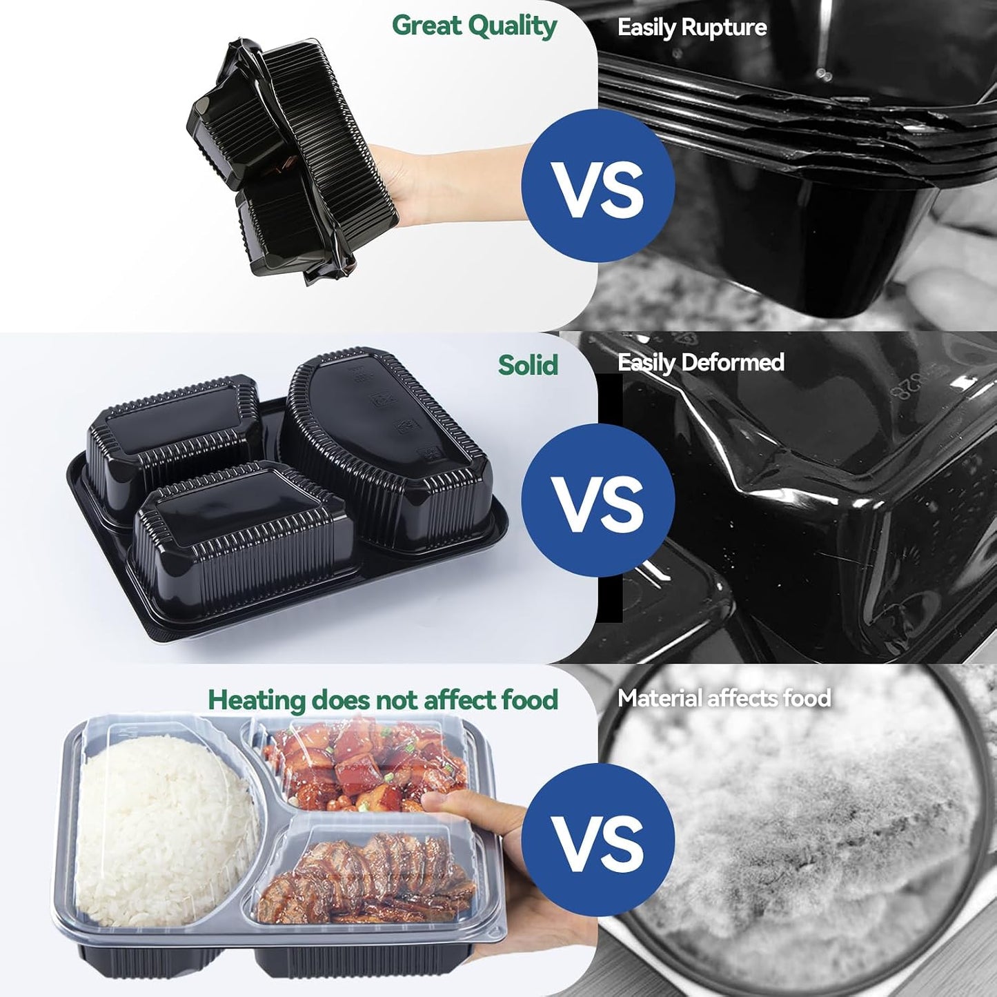 Take Out Containers 38 oz 40 Pack - Shrink Wrapped 3 Compartment Leakproof Catering | BPA Free PP Plastic Microwave & Freezer Safe | Flexible Reusable Commercial Black Lunch Boxes with Lid