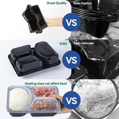 Take Out Containers 38 oz 40 Pack - Shrink Wrapped 3 Compartment Leakproof Catering | BPA Free PP Plastic Microwave & Freezer Safe | Flexible Reusable Commercial Black Lunch Boxes with Lid