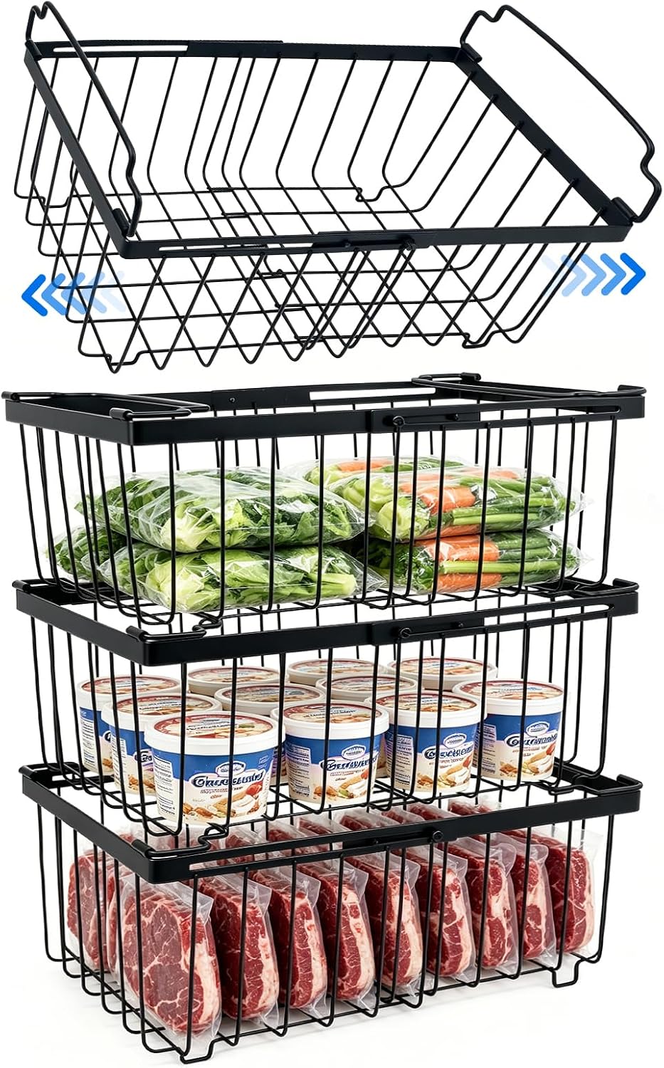 3Pack Freezer Organizer Bins, Stackable Chest Deep Freezer Storage Containers, Expandable Freezer Baskets with Handle fit 5cu.Ft 7cu.Ft Freezer, Fridge, Pantry (Black-3Pack)