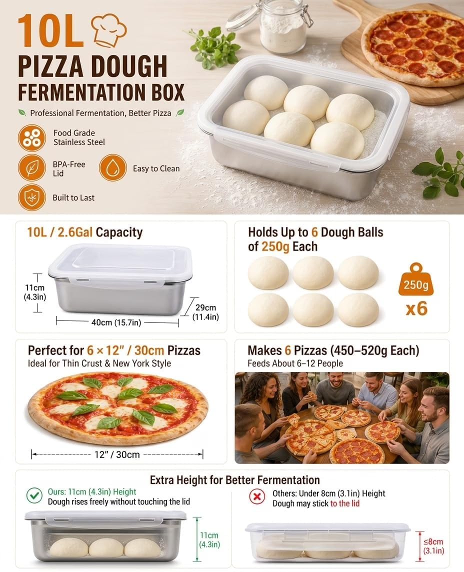 Pizza Dough Proofing Container, 29oz/850ml Stainless Steel Proofing Box with Clear Airtight Lids, Stackable Fermentation Storage for Pizza, Bread, Sourdough, Includes Dough Cutter