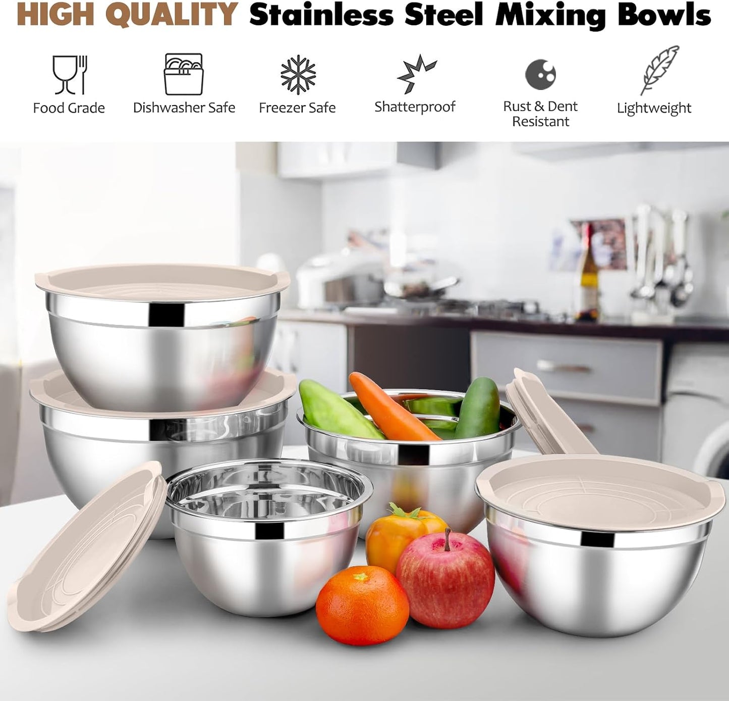 E-far Mixing Bowls with Lids Set of 5, Stainless Steel Mixing Bowls Metal Nesting Bowls with Airtight Lids, Non-toxic & Dishwasher Safe, Great for Cooking, Baking, Serving - Size 0.7/1/1.5/3/4.6QT