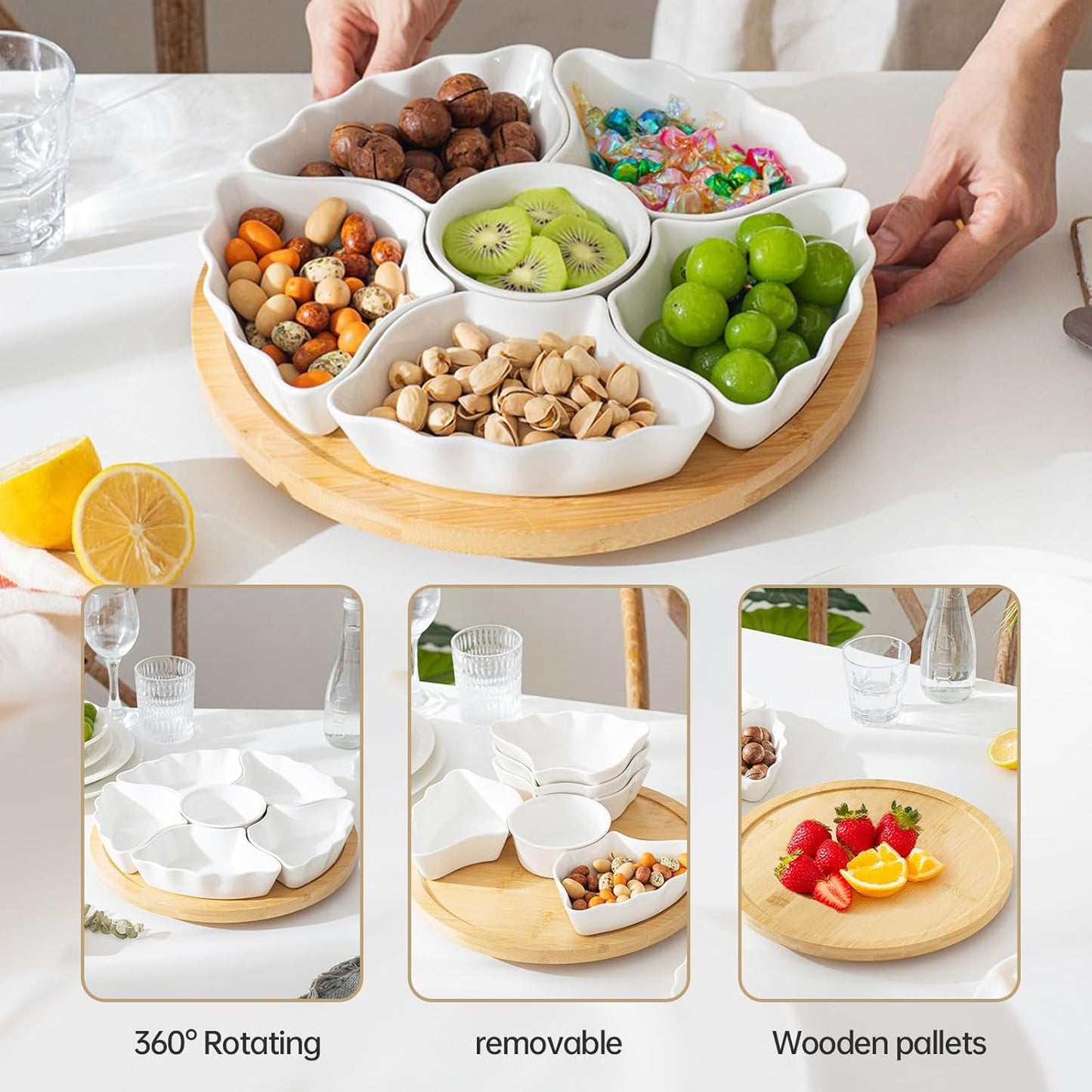 7-Piece Divided Serving Tray Set for Party, 12-Inch Rotating Serving Tray for Dining Table with Removable Dividers, Lazy Susan Platter for Charcuterie, Appetizers & Snacks